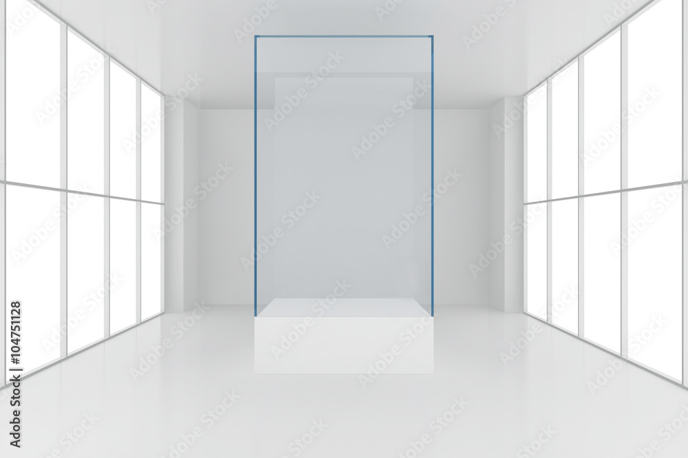 display case. 3d render showcase in white room with windows display case. 3d render showcase in white room with windows
