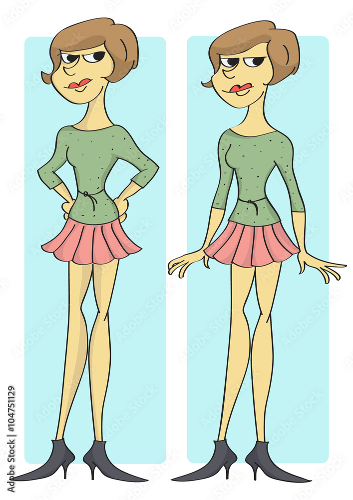 Funny cartoon of confident, pretty, stylish woman standing and smiling, two different poses. Funny cartoon of confident, pretty, stylish woman standing and smiling, two different poses.