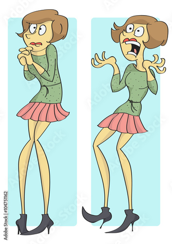 Funny cartoon of scared, terrified woman trembling and screaming from fear, two different poses.