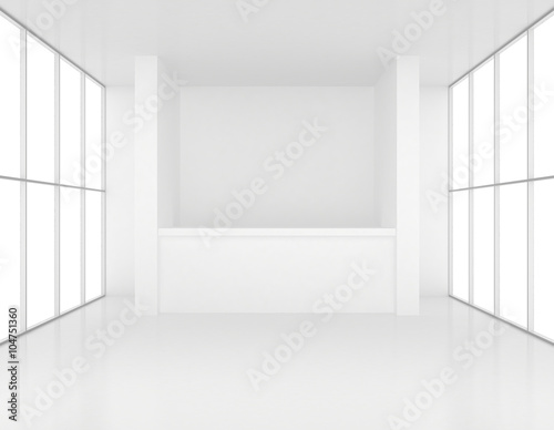 reception desk in white room with windows. 3d render