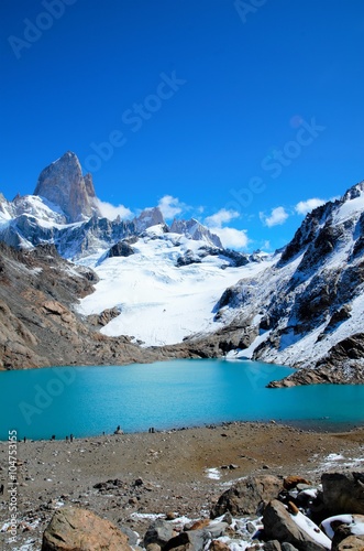 Panoramic view of the Fitz Roy mountain range in El Chaltén in Argentina
