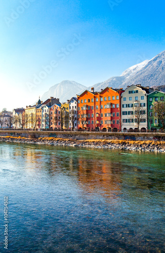  Austria,  Innsbruck, the Mariahilf strasse colored houses on the Inn river 
