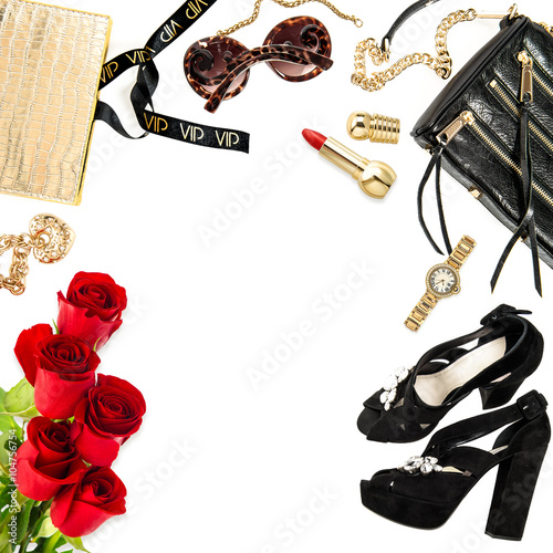 Fashion lady website concept. Accessories, cosmetics, flowers