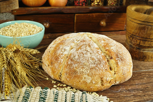 Organic homemade Bread with onion in countryside style photo