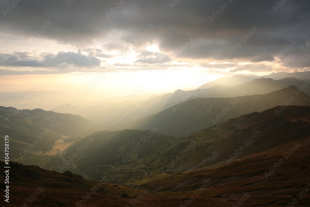 Sunrise over the mountains in the Carpathians