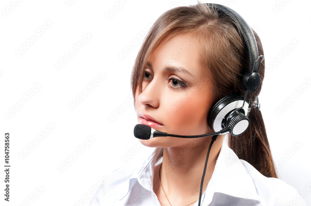 Woman customer service worker, call center smiling operator with Woman customer service worker, call center smiling operator with