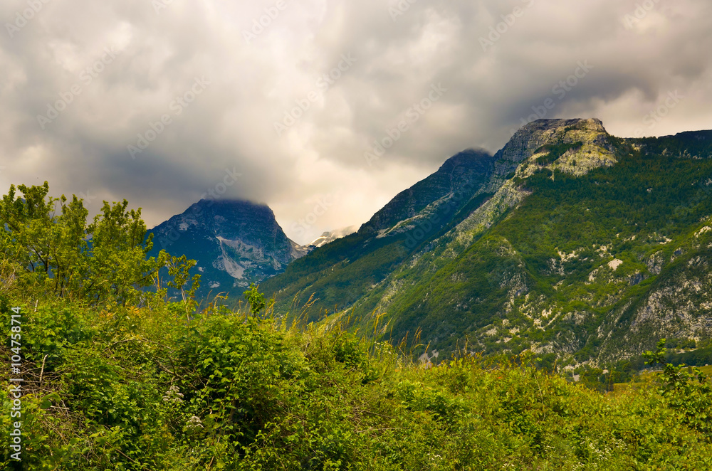 Fototapeta premium Mountain, nature panorama with cloudy sky before storm