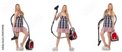 Young woman with vacuum cleaner on white