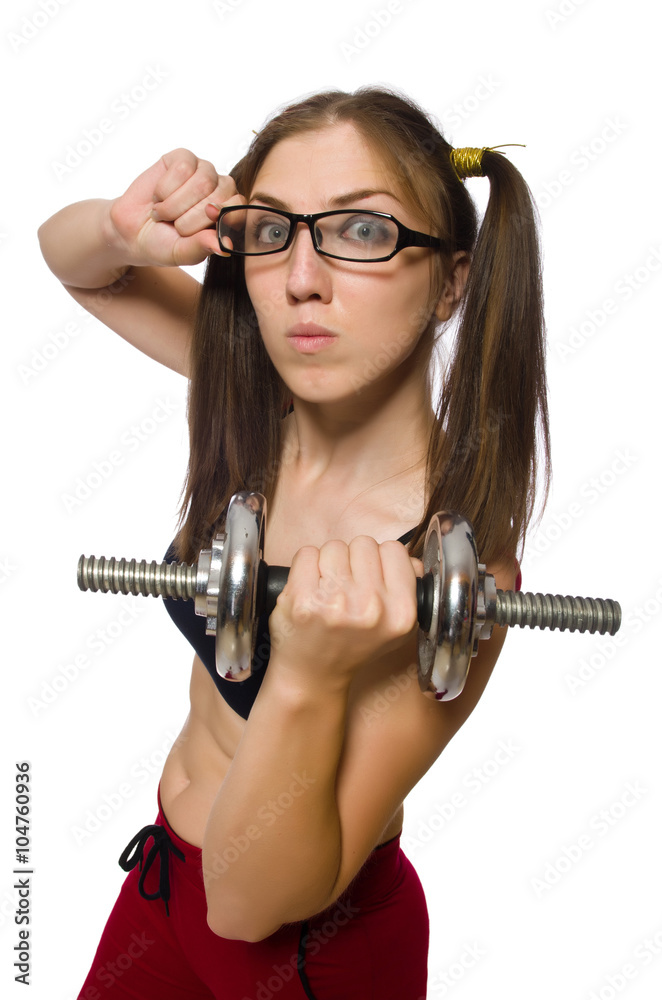 Woman exercising with dumbbells isolated on white
