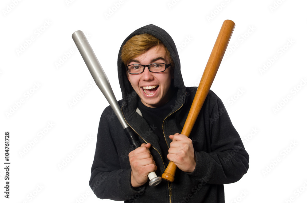 Aggressive man with baseball bat isolated on white Aggressive man with baseball bat isolated on white