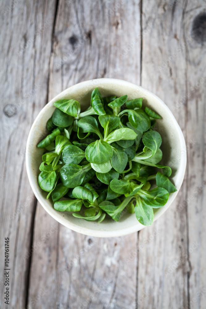 Insalata Valeriana in una coppa su un tavolo di legno chiaro Insalata Valeriana in una coppa su un tavolo di legno chiaro