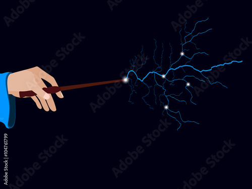 Magic wand. Hand holding a wand on a black background. Lightning spell. Vector illustration.