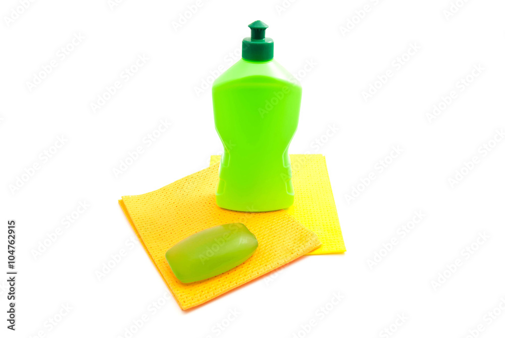 Fototapeta premium bottle, rags and green soap
