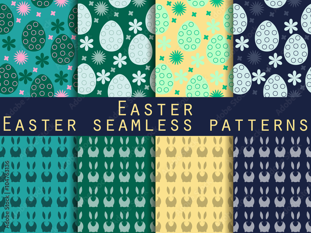 Easter. Set of seamless patterns. Easter Bunny and Easter egg. Template for wallpaper, tile, tissues and structures. Vector.