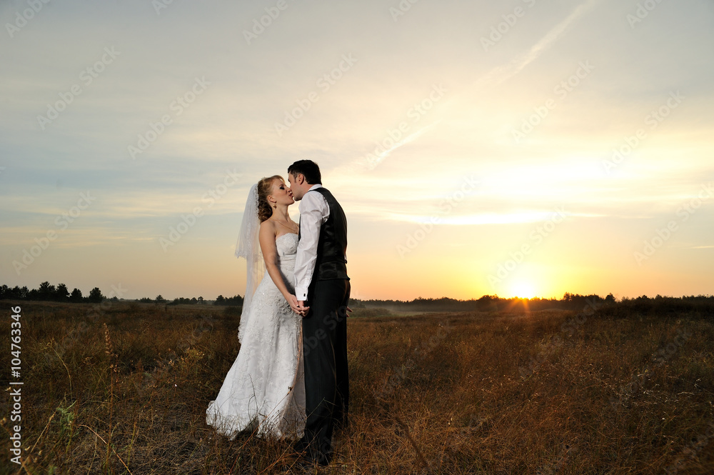Bride and Groom in the Field at Sunset Bride and Groom in the Field at Sunset