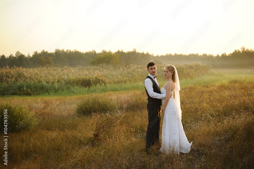 Bride and Groom in the Field at Sunset