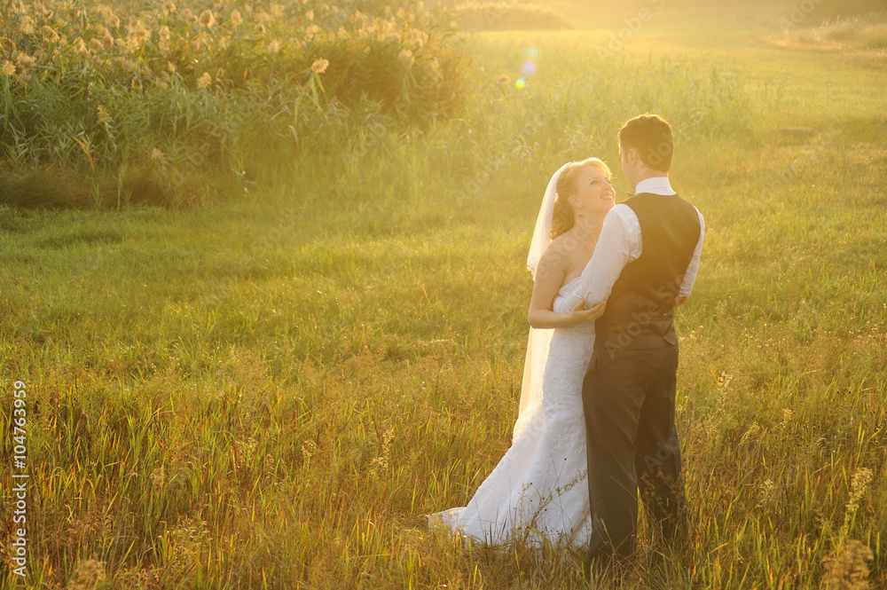 Bride and Groom Posing in the Field against sunbeams