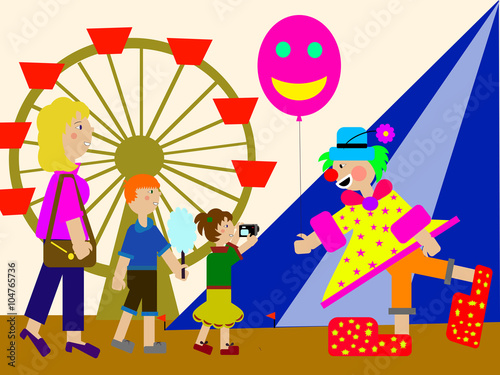 A family (a mother and her children) meets a clown at the amusement park
