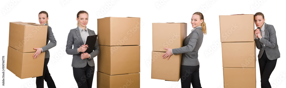 Composite image of woman with boxes on white Composite image of woman with boxes on white