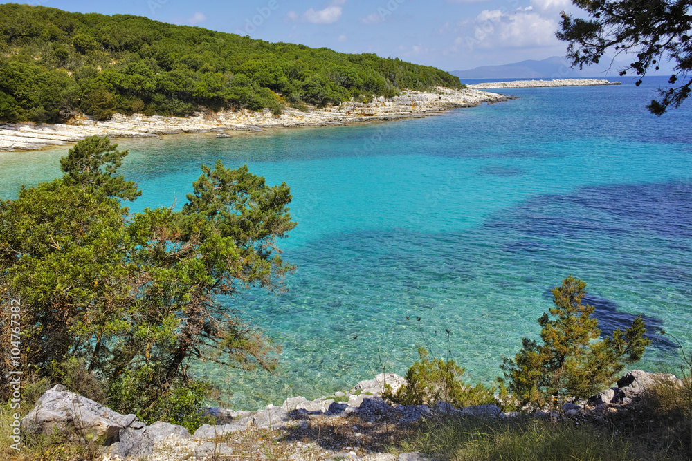 Panoramic view of Emblisi Fiskardo Beach, Kefalonia, Ionian islands, Greece