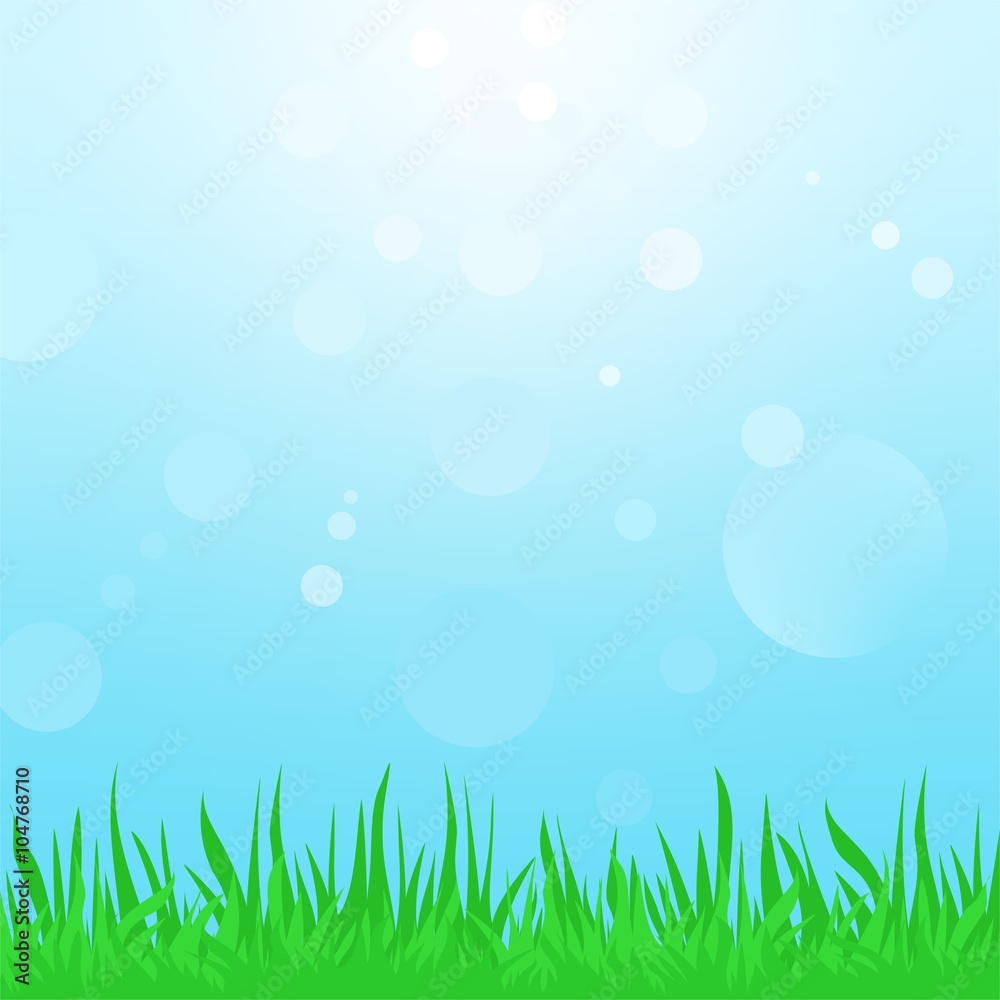 Summer landscape with green grass and blue sky with the sun and the sun's reflections