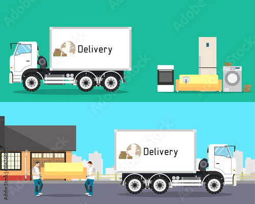 Loaders are sofa in a truck for the move. Furniture awaiting loading. Transportation and Logistics. Vector illustration