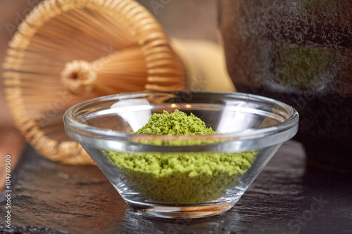 Green matcha tea on a wooden table