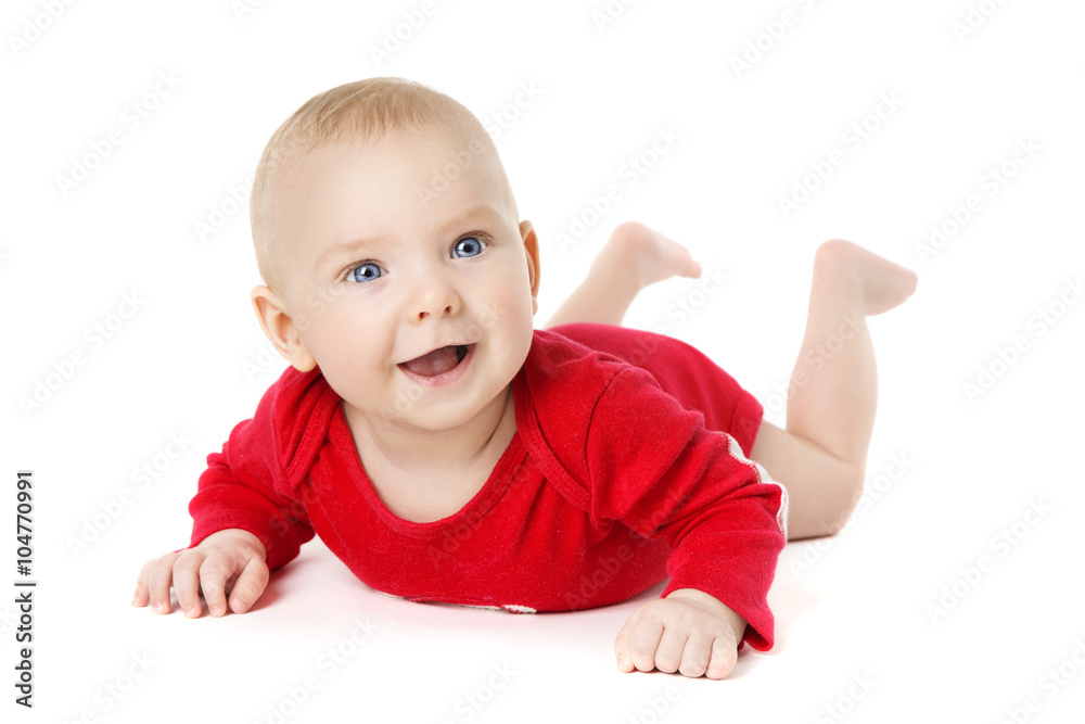 Baby Crawling over White, Happy Kid in Crawlers Lying Down Baby Crawling over White, Happy Kid in Crawlers Lying Down