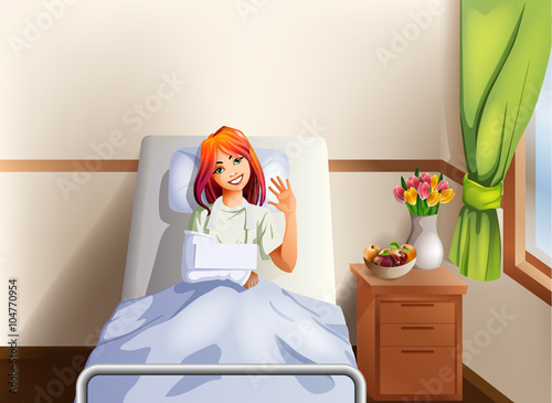 Young woman in a hospital bed smiling with a broken hand in a cast