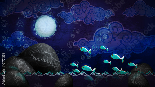 Cartoon style night seascape with full moon, flying fish and boulders in the water