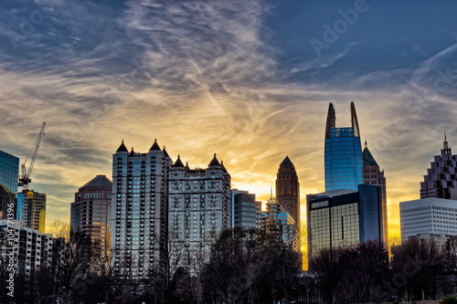 Downtown Atlanta sunset with buildings in the foreground