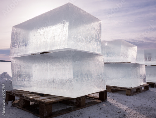 Large cubes of clear ice with beautiful backlight in Finland