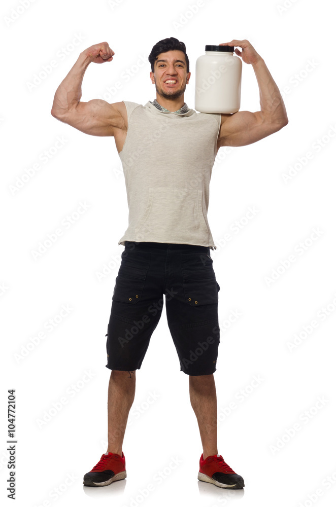Muscular man with protein jars on white Muscular man with protein jars on white