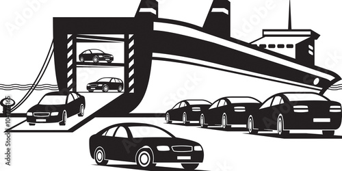 Cargo ship unloading new cars - vector illustration