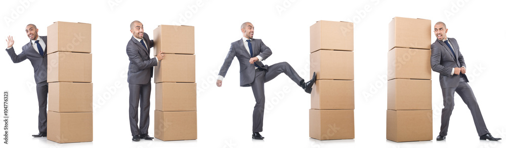 Collage of photos with man and boxes Collage of photos with man and boxes