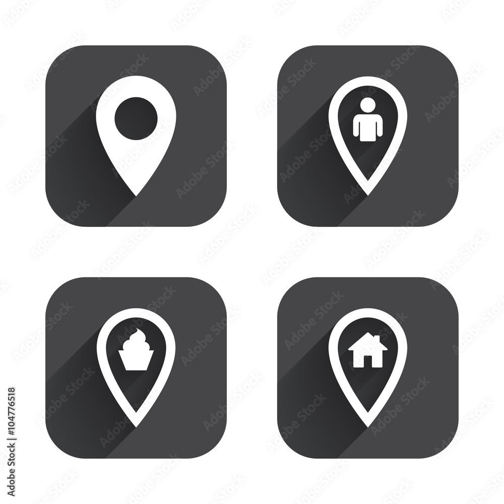 Map pointer icons. Home, food and user location. Map pointer icons. Home, food and user location.