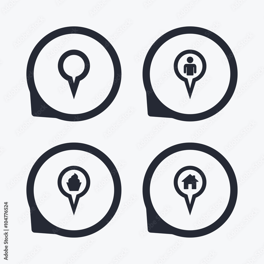 Map pointer icons. Home, food and user location. Map pointer icons. Home, food and user location.