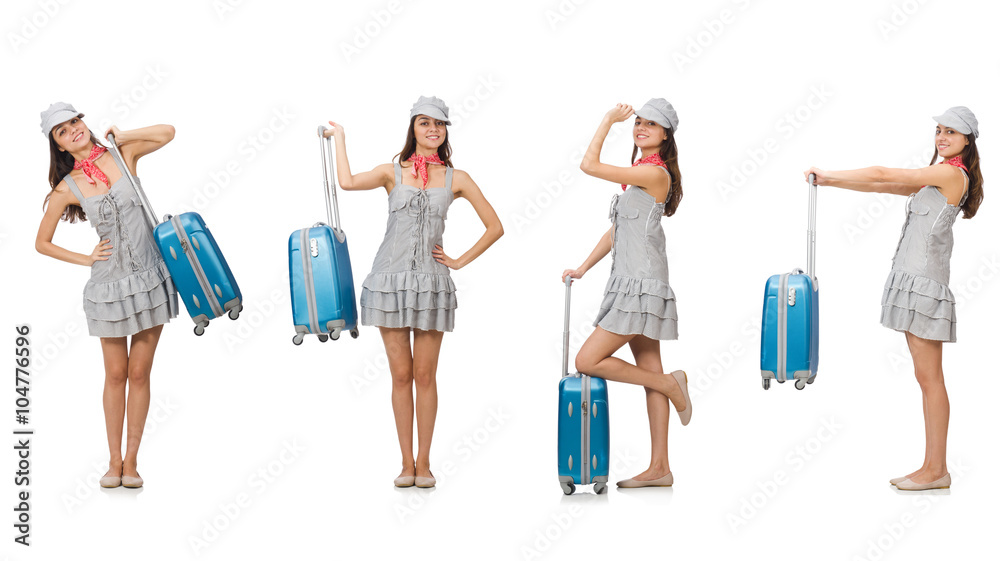 Travelling woman with suitcase isolated on white