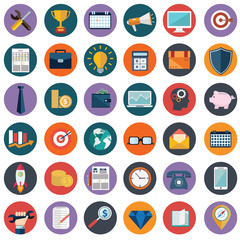 Flat icons design modern vector illustration big set of various financial service items, web and technology development, business management symbol, marketing items and office equipment on background