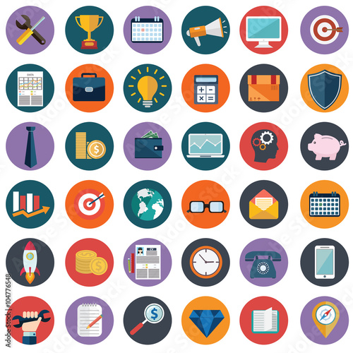 Flat icons design modern vector illustration big set of various financial service items, web and technology development, business management symbol, marketing items and office equipment on background