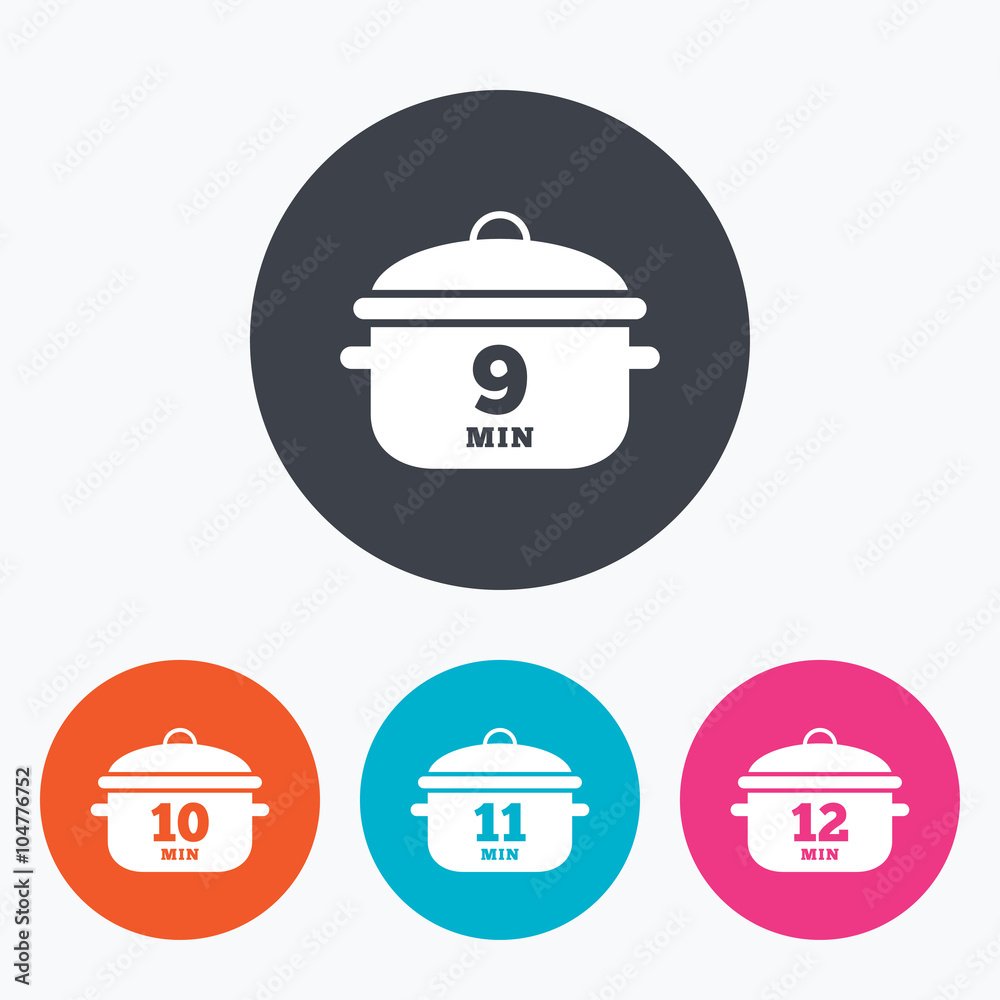 Cooking pan icons. Boil nine, twelve minutes. Cooking pan icons. Boil nine, twelve minutes.