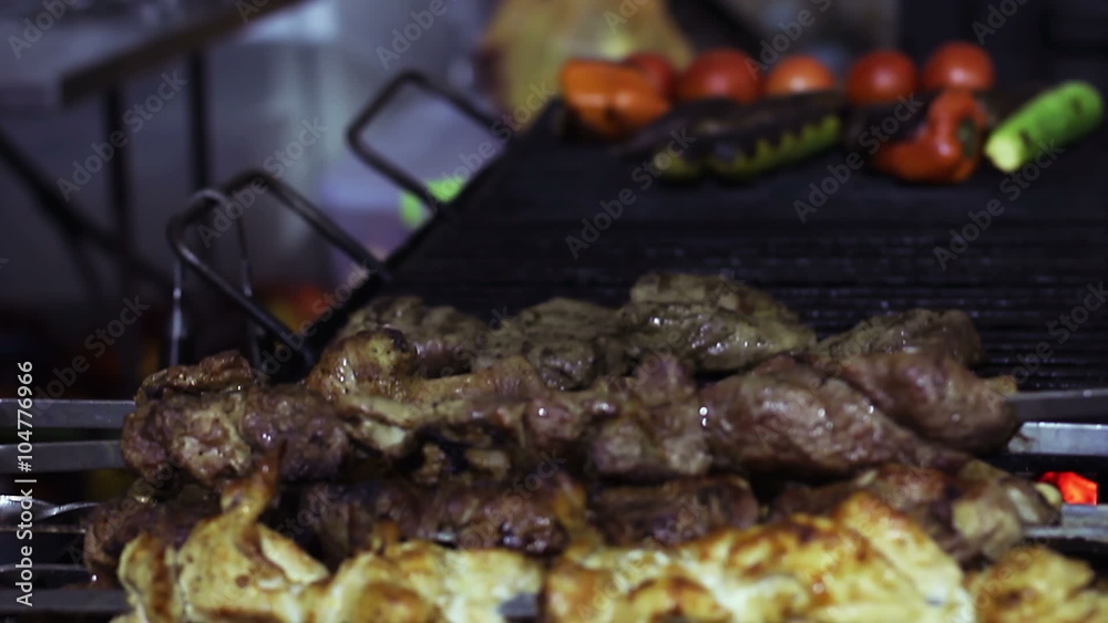 Greasy fried meat on charcoal grill, unhealthy food detrimental to health, BBQ Greasy fried meat on charcoal grill, unhealthy food detrimental to health, BBQ