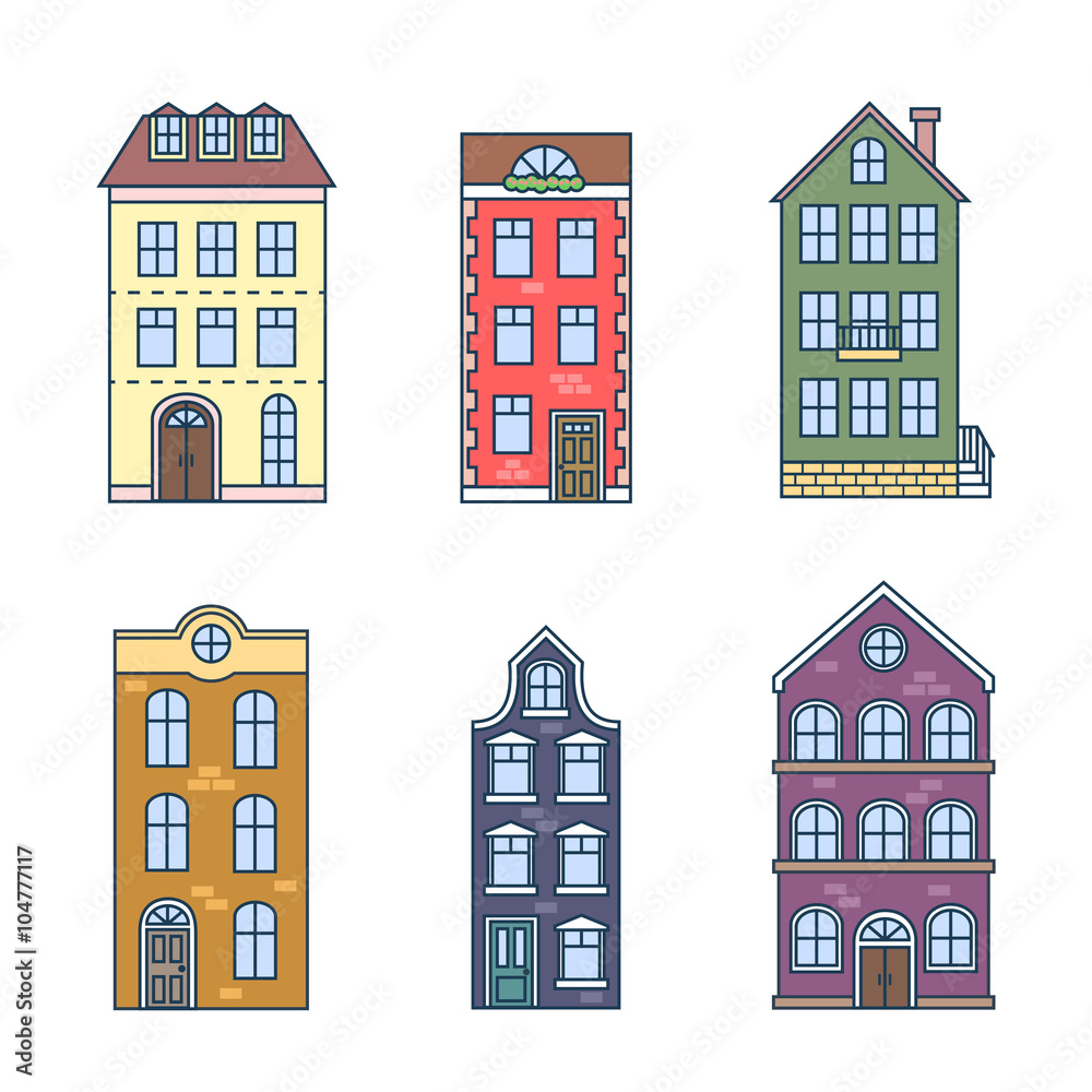 Residential houses icons in trending flat style with lines. Vector set of houses in the Dutch style