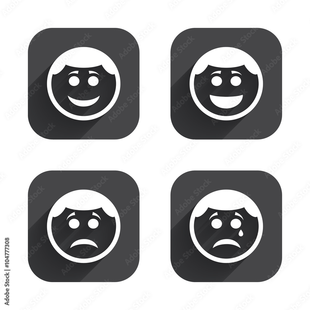 Circle smile face icons. Happy, sad, cry.