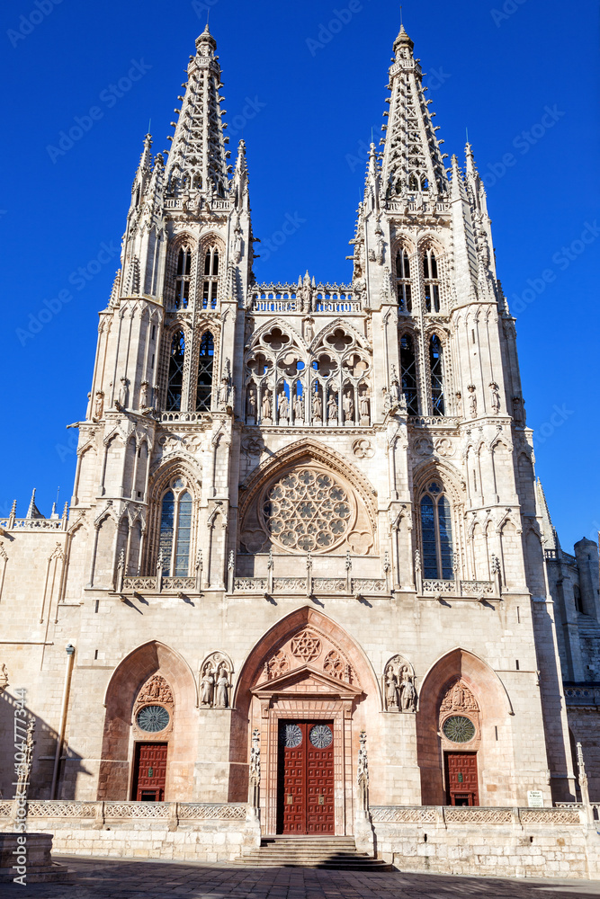 Gothic Cathedral of Saint Mary in Burgos, Spain. Its construction began in 1221 but work continued off and on until 1567