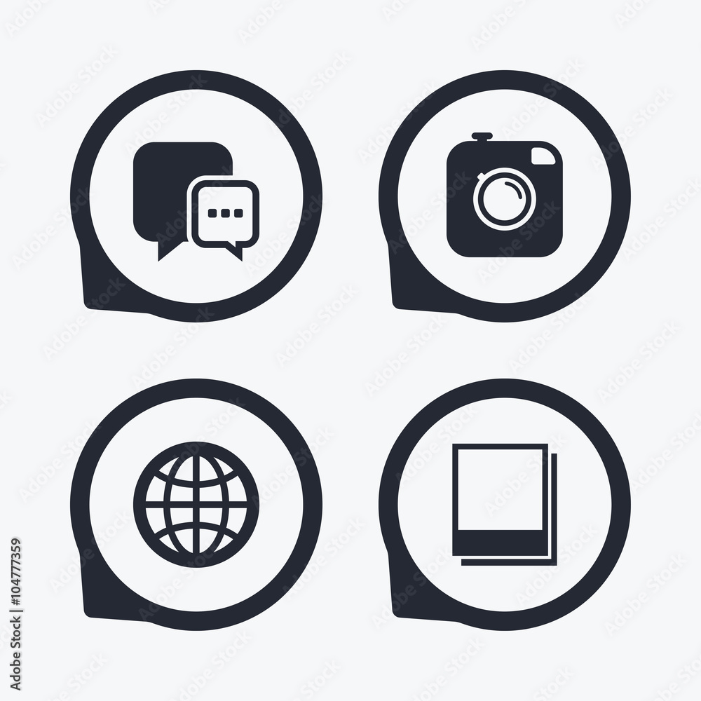 Social media icons. Chat speech bubble and Globe Social media icons. Chat speech bubble and Globe