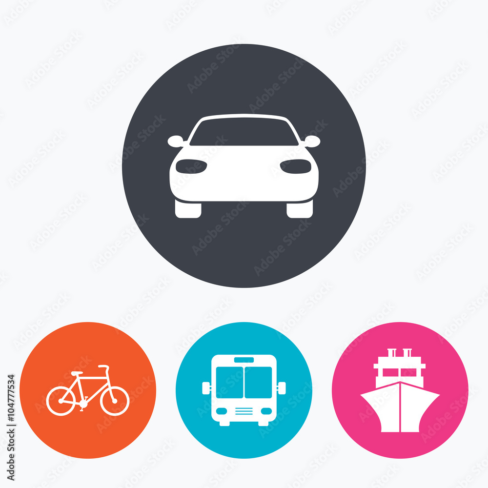 Transport icons. Car, Bicycle, Bus and Ship. Transport icons. Car, Bicycle, Bus and Ship.