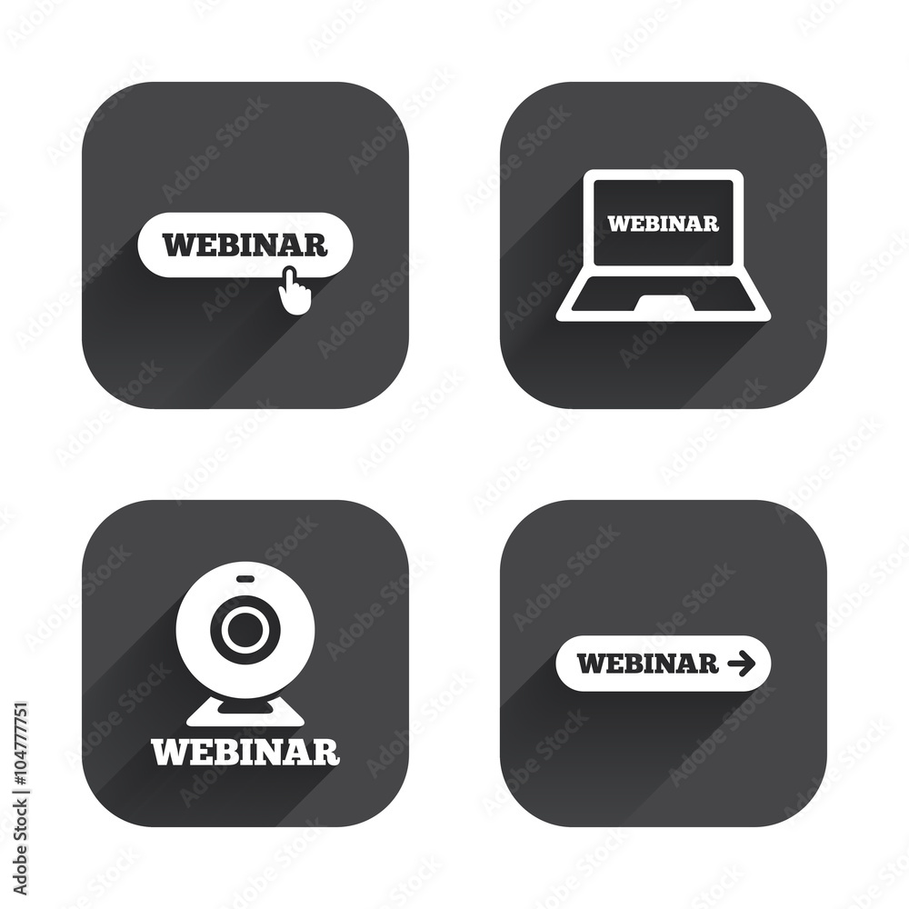 Webinar icons. Web camera and notebook pc signs. Webinar icons. Web camera and notebook pc signs.