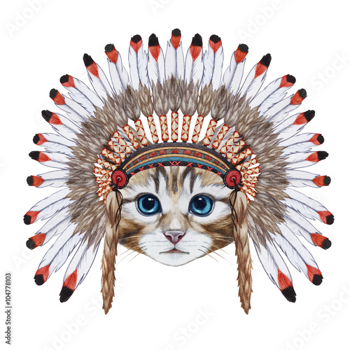 Portrait of Cat in war bonnet. Hand-drawn illustration, digitally colored.