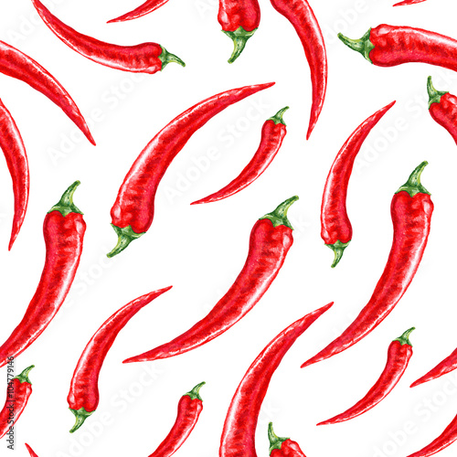 Fresh watercolor green chili pepper illustration. Seamless vector pattern.